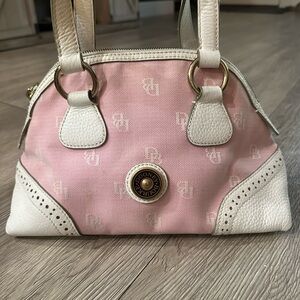 Vintage Dooney & Bourke Pink Monogram Leather Trim Satchel Bag Purse